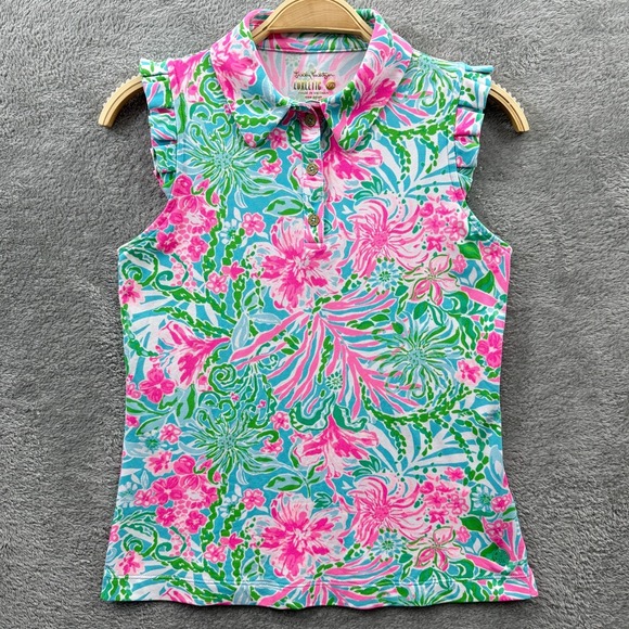 Lilly Pulitzer Luxletic‎ Frida Polo Womens XXS Floral Sleeveless Ruffle Golf Top